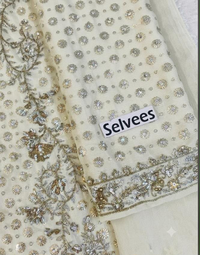 Haris Shakeel Aisha Magenta Addawork Chiffon Formal Wedding Unstitched Suit - Ivory White - detail view