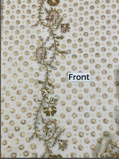 Haris Shakeel Aisha Magenta Addawork Chiffon Formal Wedding Unstitched Suit - Ivory White - fabric closeup