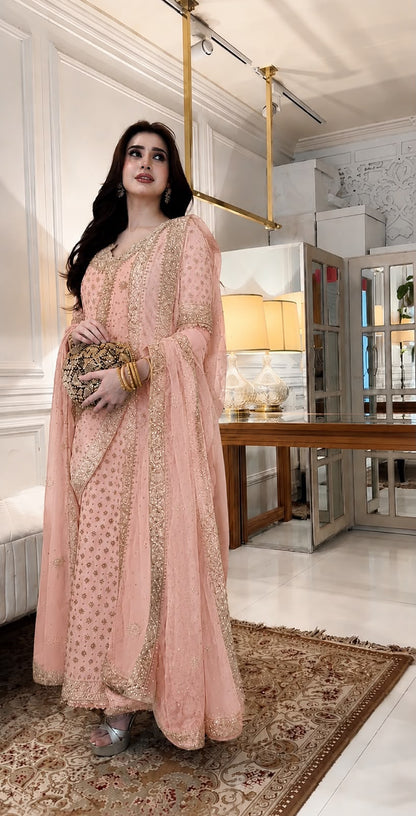 Haris Shakeel Aisha Magenta Addawork Chiffon Formal Wedding Unstitched Suit - Peach Pink - front view