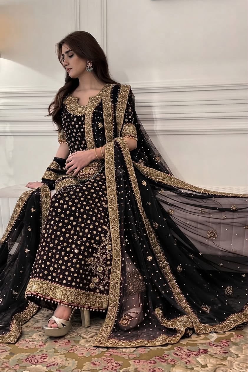 Haris Shakeel Aisha Magenta Addawork Chiffon Formal Wedding Unstitched Suit - Peach Pink - detail view