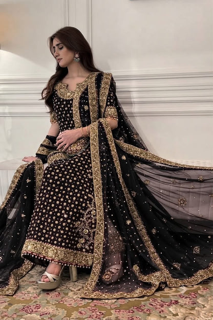 Haris Shakeel Aisha Magenta Addawork Chiffon Formal Wedding Unstitched Suit - Peach Pink - detail view