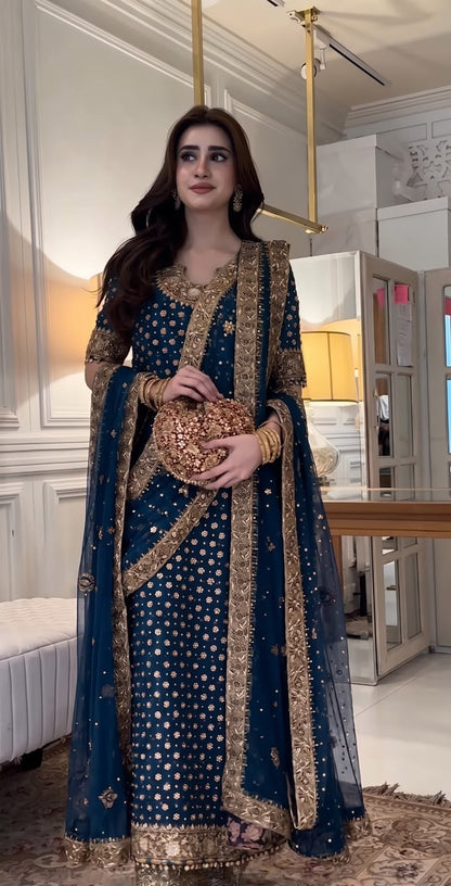 Haris Shakeel Aisha Magenta Addawork Chiffon Formal Wedding Unstitched Suit - Teal Blue - front view