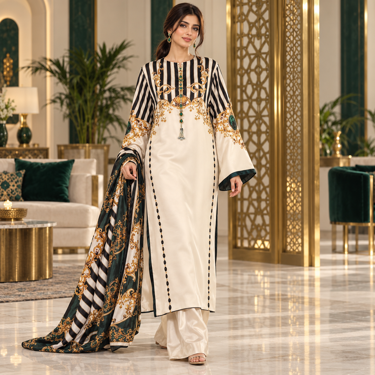 Lulusar Ivory Black Striped Printed Unstitched Shamooz Silk 3 Piece Suit – image 1 of 3
