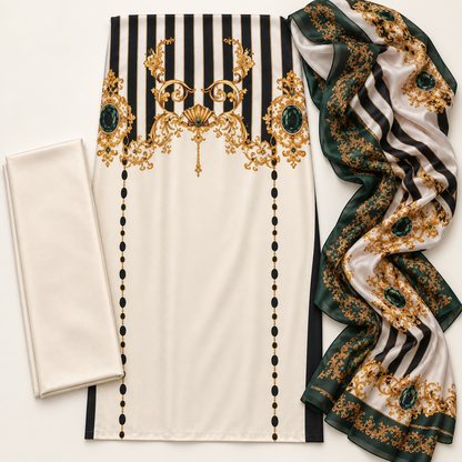 Lulusar Ivory Black Striped Printed Unstitched Shamooz Silk 3 Piece Suit – image 3 of 3