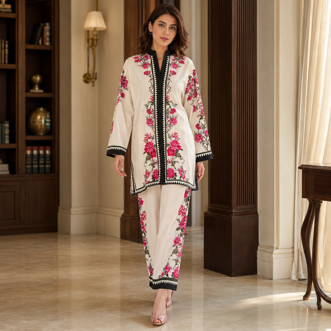 Ivory Bordered Printed 2 Piece Co-ord Set – image 1 of 3