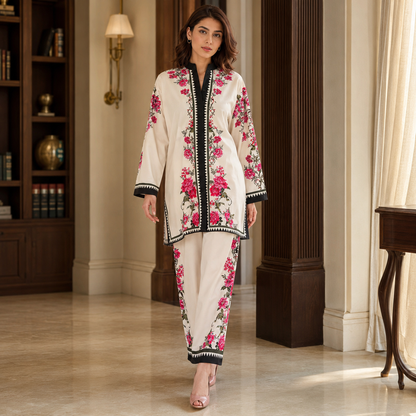 Ivory Bordered Printed 2 Piece Co-ord Set – image 1 of 3