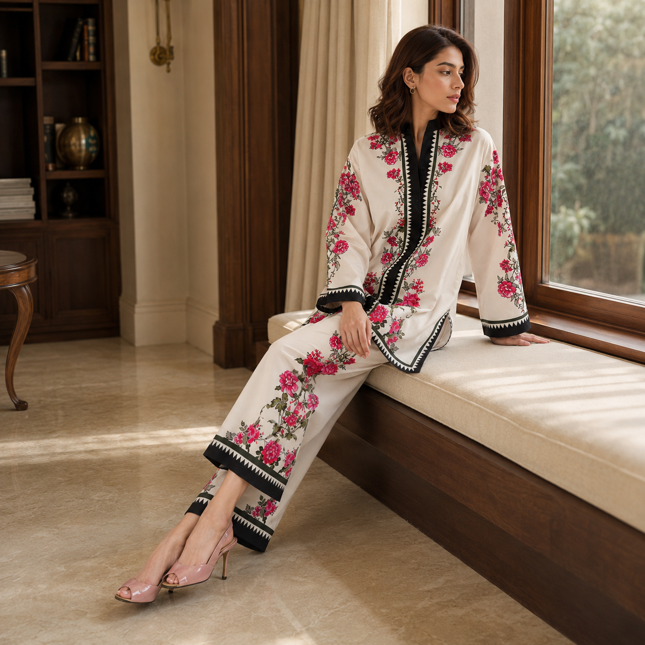 Ivory Bordered Printed 2 Piece Co-ord Set – image 2 of 3