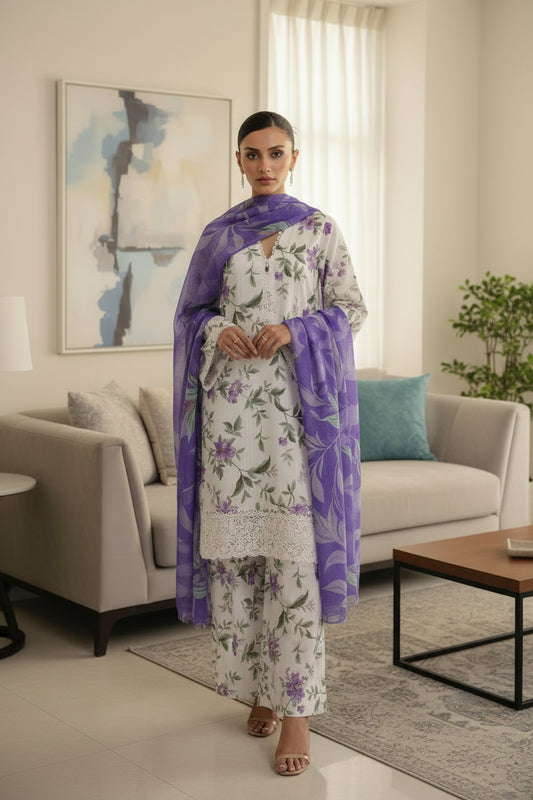Allover Printed 3 Piece Lawn Suit – Inspired by Zara Shahjahan, Ivory Lavender Floral Print