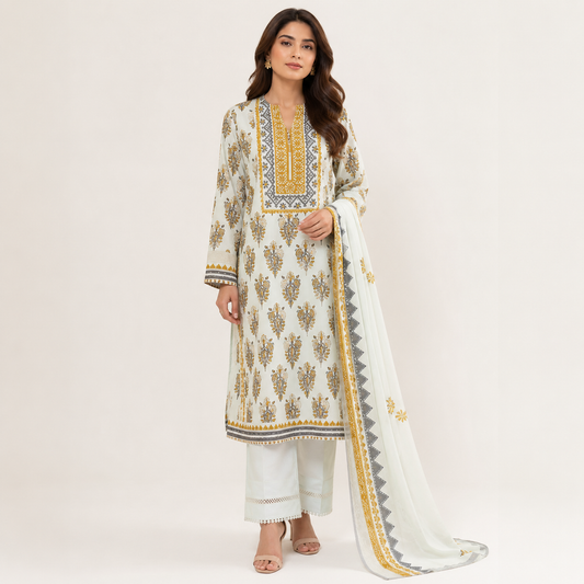 Ivory Paisley Digital Print 3 Piece Lawn Suit – Inspired by Khaadi – image 1 of 1