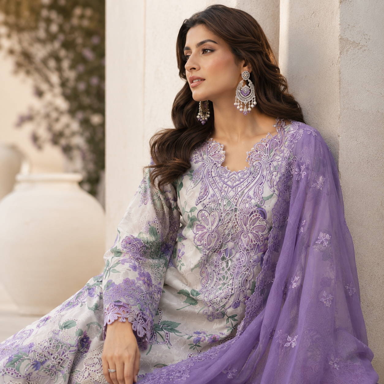 Ivory Purple Floral Digital Print 3 Piece Lawn Suit – Inspired by Nureh – image 1 of 3