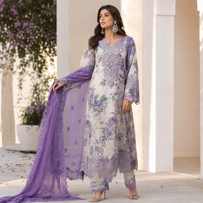 Ivory Purple Floral Digital Print 3 Piece Lawn Suit – Inspired by Nureh – image 2 of 3