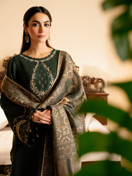 IZEL Dark Green Heavy Embroidered Unstitched Dhanak 3 Piece Suit with Digital Printed Shawl – image 1 of 4