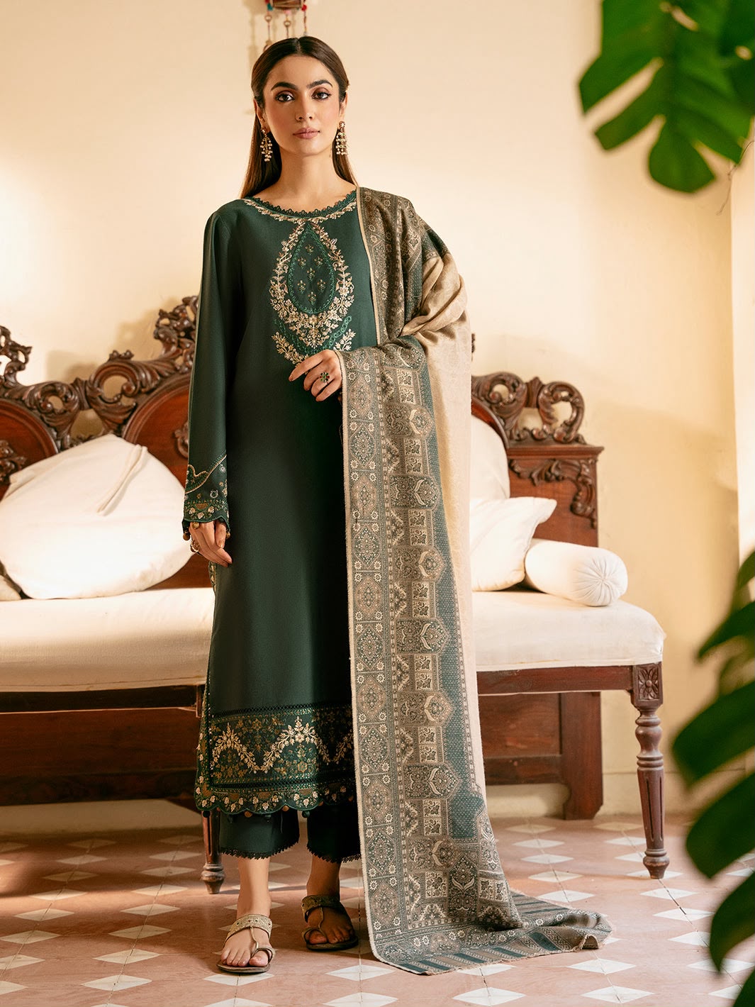 IZEL Dark Green Heavy Embroidered Unstitched Dhanak 3 Piece Suit with Digital Printed Shawl – image 2 of 4