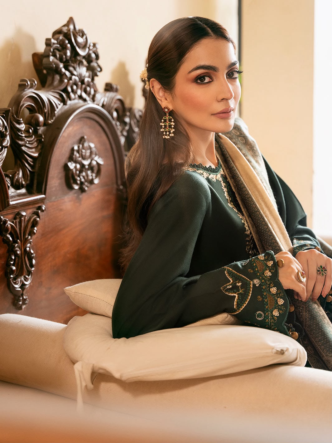 IZEL Dark Green Heavy Embroidered Unstitched Dhanak 3 Piece Suit with Digital Printed Shawl – image 3 of 4
