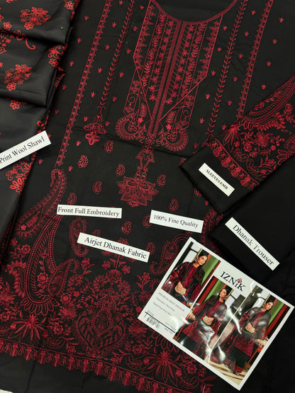 IZNIK Black Heavy Embroidered Unstitched Dhanak 3 Piece Suit with Wool Shawl – image 3 of 4