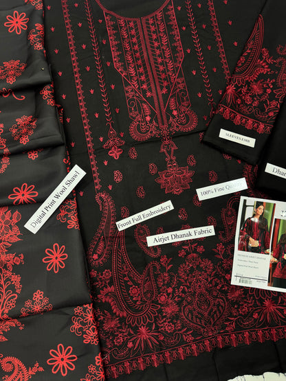 IZNIK Black Heavy Embroidered Unstitched Dhanak 3 Piece Suit with Wool Shawl – image 4 of 4