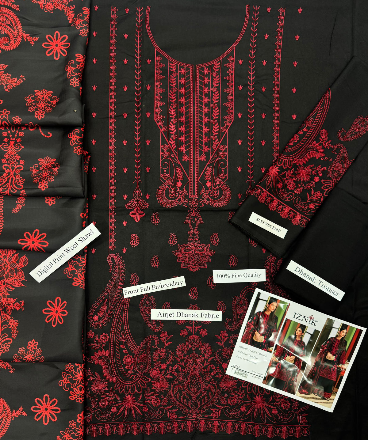 IZNIK Black Heavy Embroidered Unstitched Dhanak 3 Piece Suit with Wool Shawl – image 2 of 4