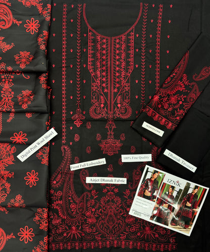 IZNIK Black Heavy Embroidered Unstitched Dhanak 3 Piece Suit with Wool Shawl – image 2 of 4