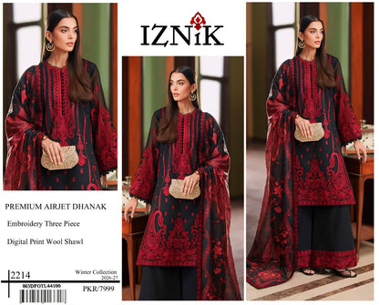 IZNIK Black Heavy Embroidered Unstitched Dhanak 3 Piece Suit with Wool Shawl – image 1 of 4