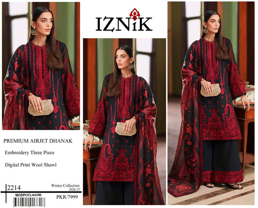 IZNIK Black Heavy Embroidered Unstitched Dhanak 3 Piece Suit with Wool Shawl – image 1 of 4