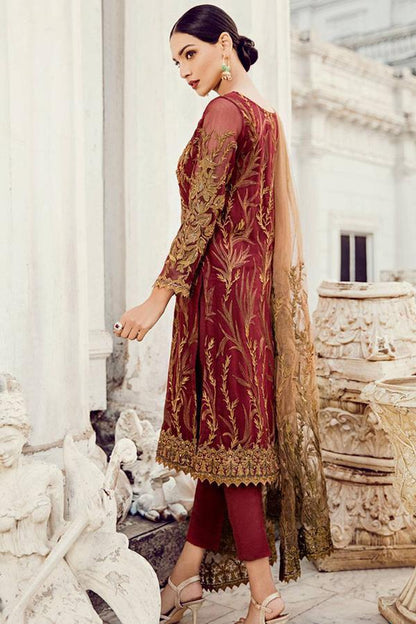 IZNIK Maroon Heavy Embroidered Unstitched Chiffon 3 Piece Suit – image 2 of 4
