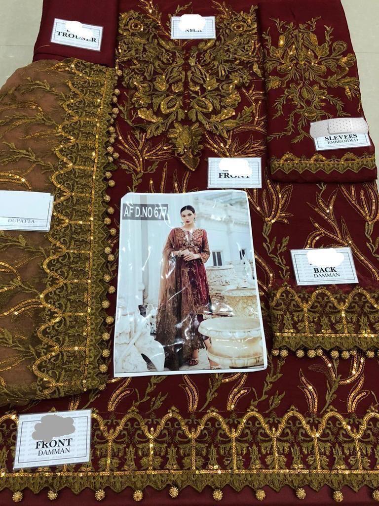 IZNIK Maroon Heavy Embroidered Unstitched Chiffon 3 Piece Suit – image 4 of 4