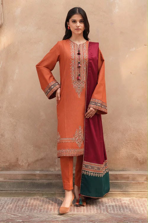 Jazmín Orange Heavy Embroidered Unstitched Dhanak 3 Piece Suit with Digital Printed Shawl – image 1 of 4