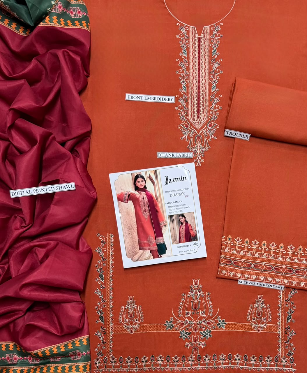 Jazmín Orange Heavy Embroidered Unstitched Dhanak 3 Piece Suit with Digital Printed Shawl – image 4 of 4