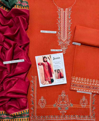 Jazmín Orange Heavy Embroidered Unstitched Dhanak 3 Piece Suit with Digital Printed Shawl – image 4 of 4
