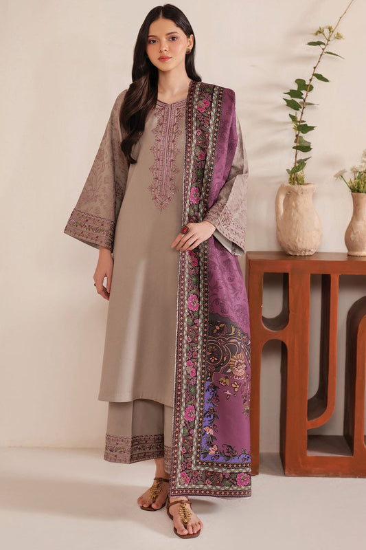 Jazmín Taupe Heavy Embroidered Unstitched Dhanak 3 Piece Suit with Digital Printed Shawl – image 1 of 4