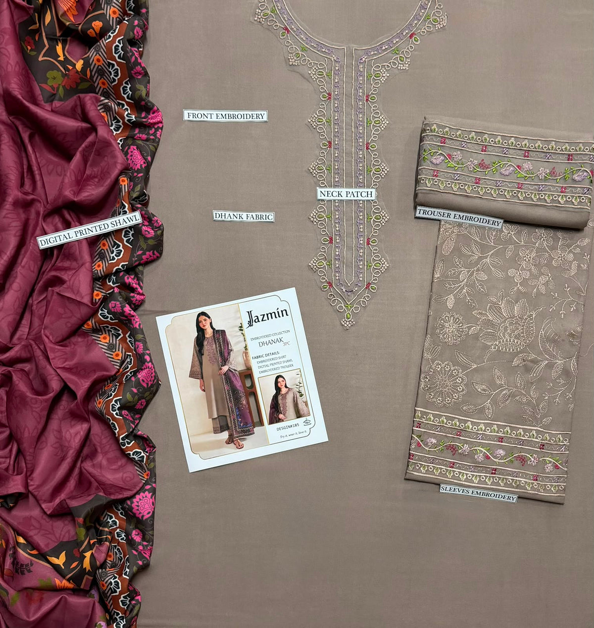 Jazmín Taupe Heavy Embroidered Unstitched Dhanak 3 Piece Suit with Digital Printed Shawl – image 4 of 4