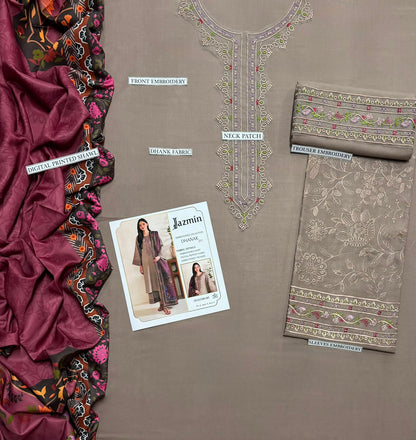 Jazmín Taupe Heavy Embroidered Unstitched Dhanak 3 Piece Suit with Digital Printed Shawl – image 4 of 4