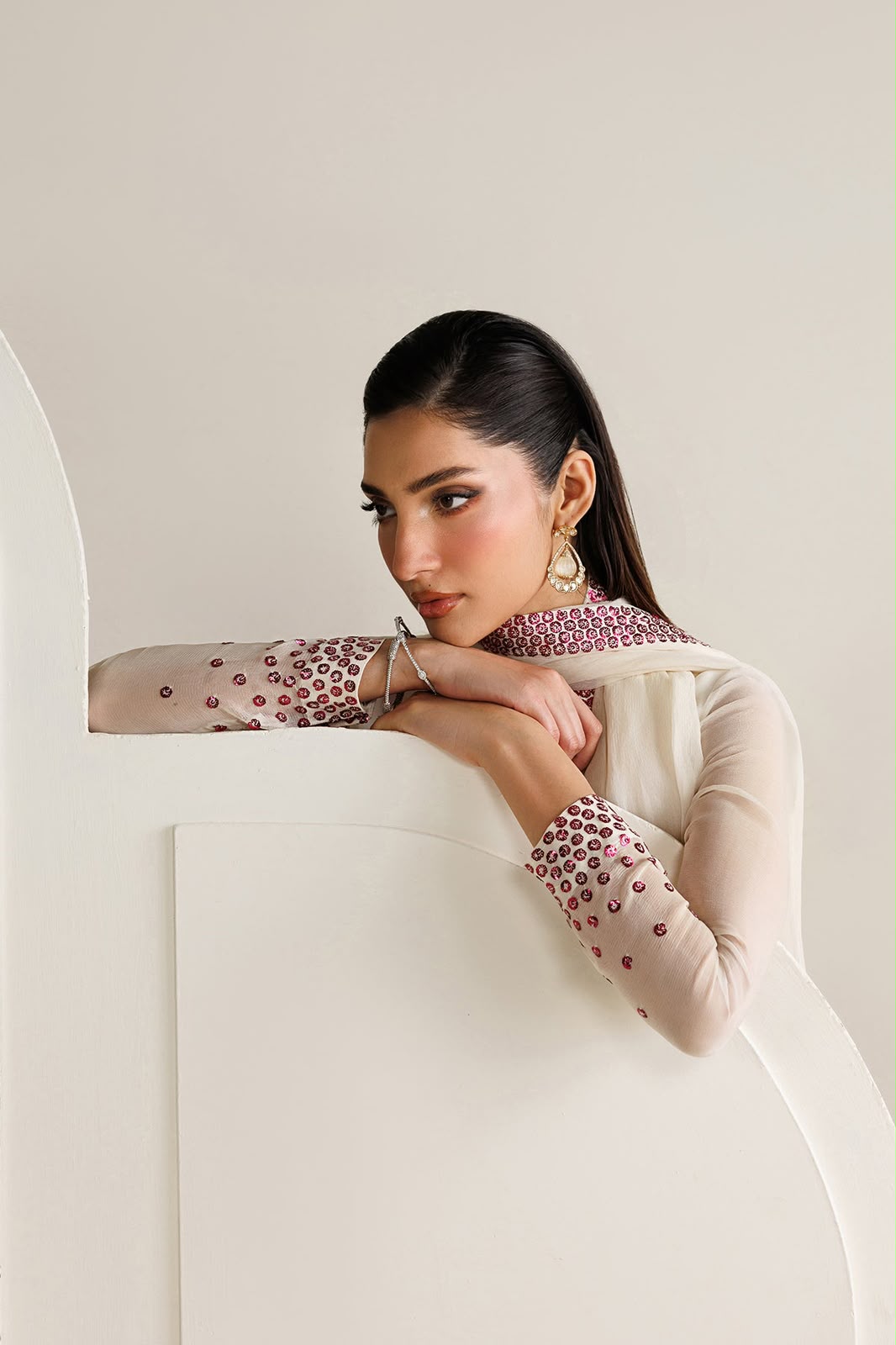 Jazmin Ivory Sequin Embellished Unstitched Chiffon Suit with Silk Trouser – image 8 of 20