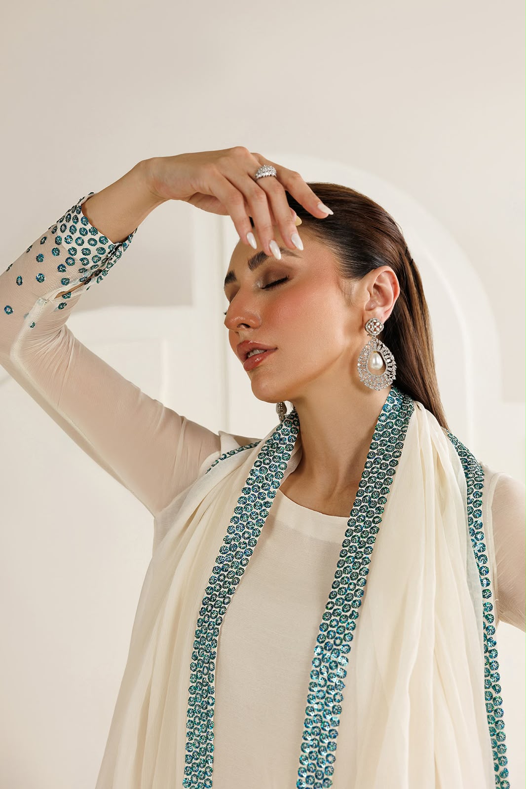 Jazmin Ivory Sequin Embellished Unstitched Chiffon Suit with Silk Trouser – image 7 of 20