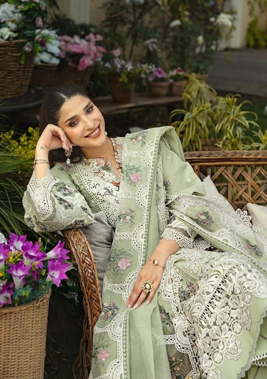 Khaddi Net Chikankari Embroidered 3 Piece Lawn Suit – Inspired by Elaf – Sage Green – image 1 of 3