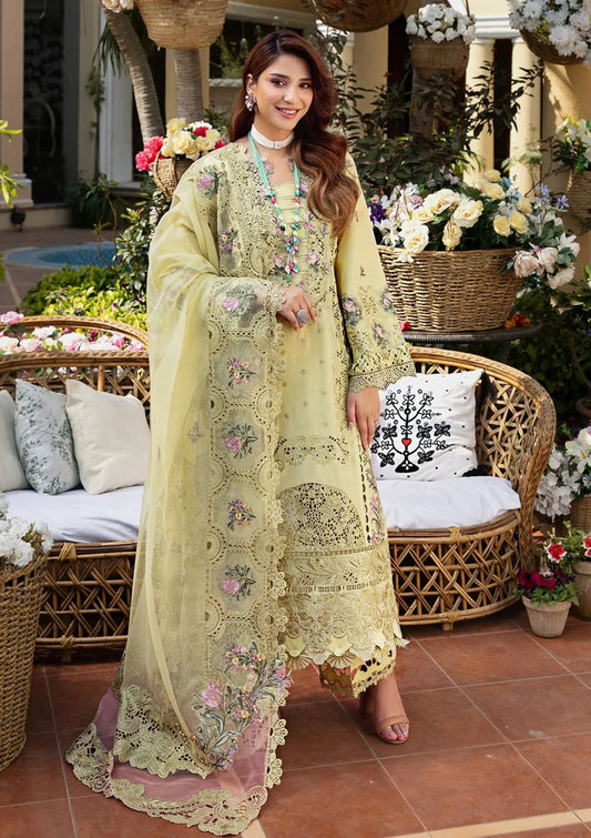 Khaddi Net Chikankari Embroidered 3 Piece Lawn Suit – Inspired by Elaf – Yellow – image 1 of 3