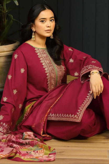 KOKUM Magenta Heavy Embroidered Unstitched Dhanak 3 Piece Suit with Digital Printed Shawl – image 1 of 3