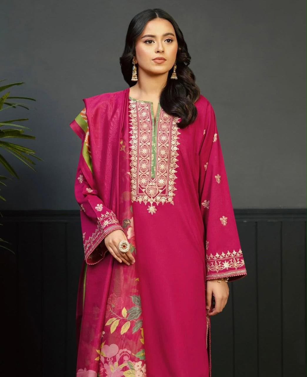 KOKUM Magenta Heavy Embroidered Unstitched Dhanak 3 Piece Suit with Digital Printed Shawl – image 2 of 3