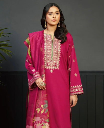 KOKUM Magenta Heavy Embroidered Unstitched Dhanak 3 Piece Suit with Digital Printed Shawl – image 2 of 3