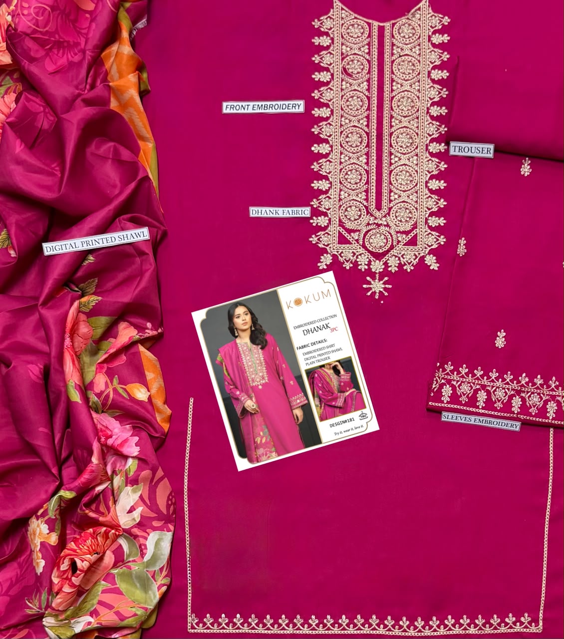 KOKUM Magenta Heavy Embroidered Unstitched Dhanak 3 Piece Suit with Digital Printed Shawl – image 3 of 3