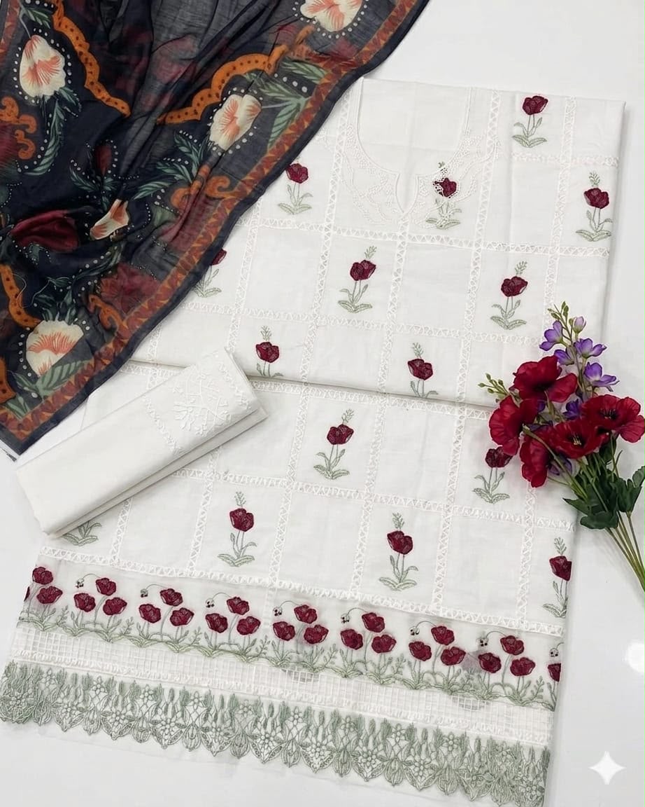 LAAM Chikankari Embroidered Unstitched Lawn 3 Piece Suit – image 3 of 4