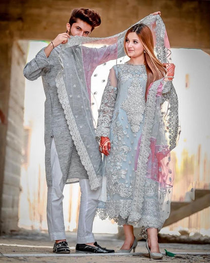 LAAM Grey Heavy Embroidered Unstitched Organza 3 Piece Suit – image 3 of 5