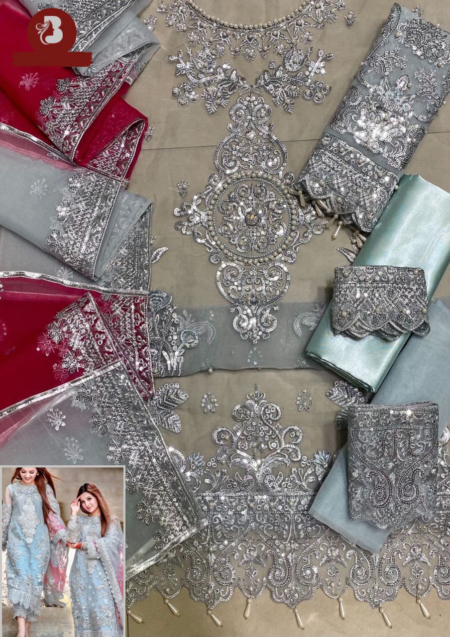 LAAM Grey Heavy Embroidered Unstitched Organza 3 Piece Suit – image 4 of 5