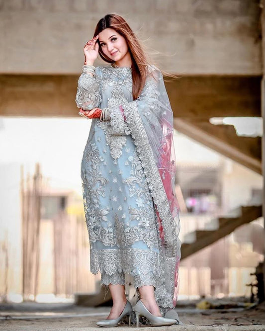 LAAM Grey Heavy Embroidered Unstitched Organza 3 Piece Suit – image 1 of 5