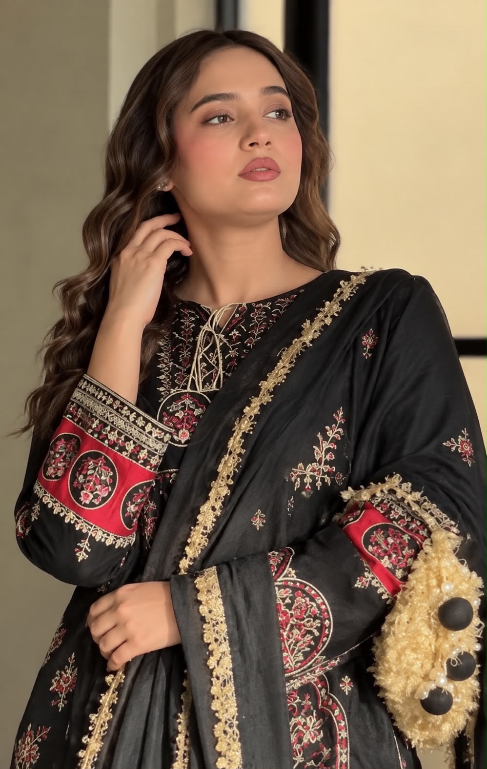 LAAM Black Heavy Embroidered Unstitched Silk 3 Piece Suit – image 3 of 5