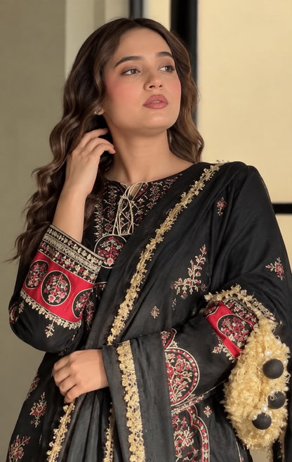 LAAM Black Heavy Embroidered Unstitched Silk 3 Piece Suit – image 3 of 5