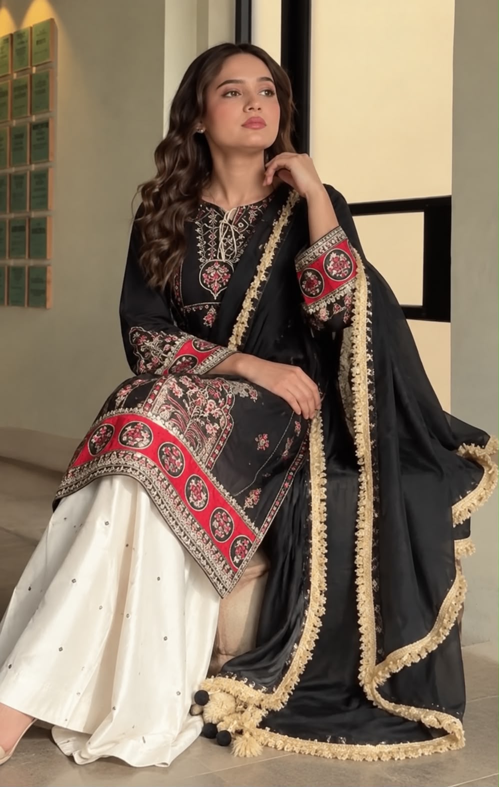 LAAM Black Heavy Embroidered Unstitched Silk 3 Piece Suit – image 2 of 5