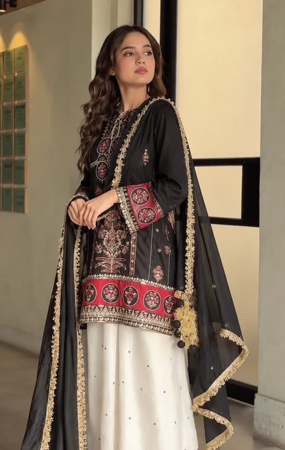 LAAM Black Heavy Embroidered Unstitched Silk 3 Piece Suit – image 5 of 5