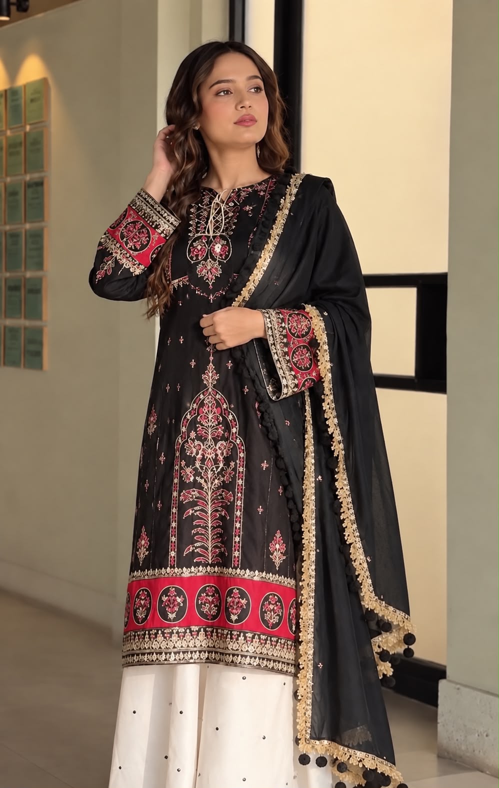LAAM Black Heavy Embroidered Unstitched Silk 3 Piece Suit – image 1 of 5