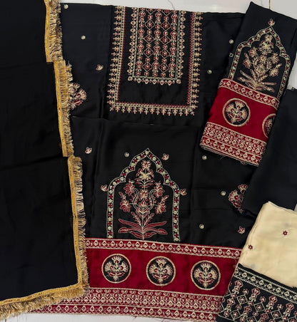 LAAM Black Heavy Embroidered Unstitched Silk 3 Piece Suit – image 4 of 5
